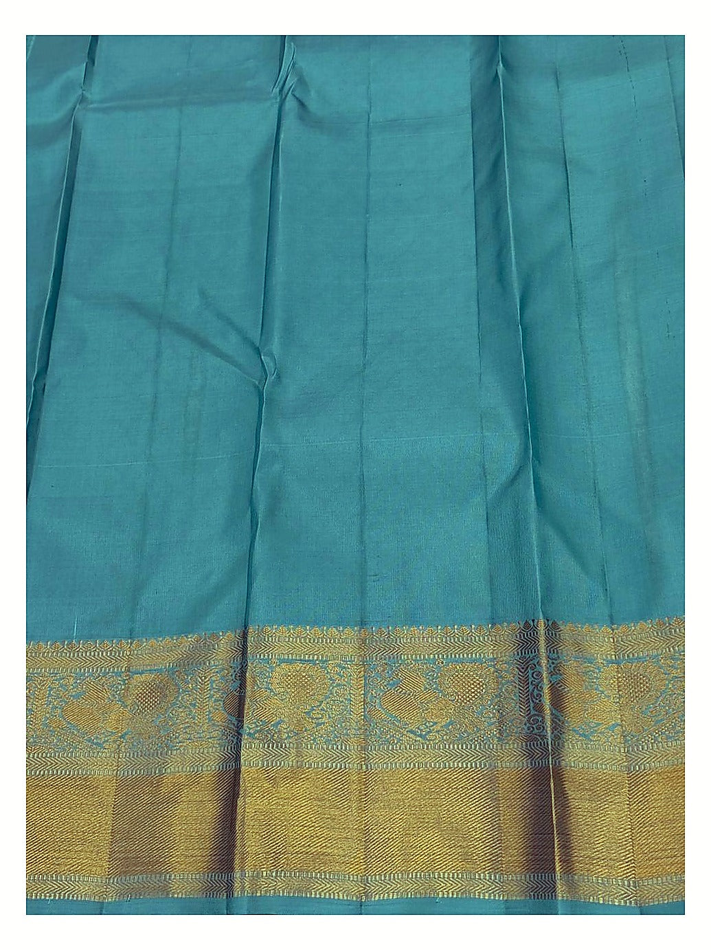 Turquoise Blue Handwoven Kanchipuram Silk Saree with Gold Floral Vine Weave and Peacock Zari Border