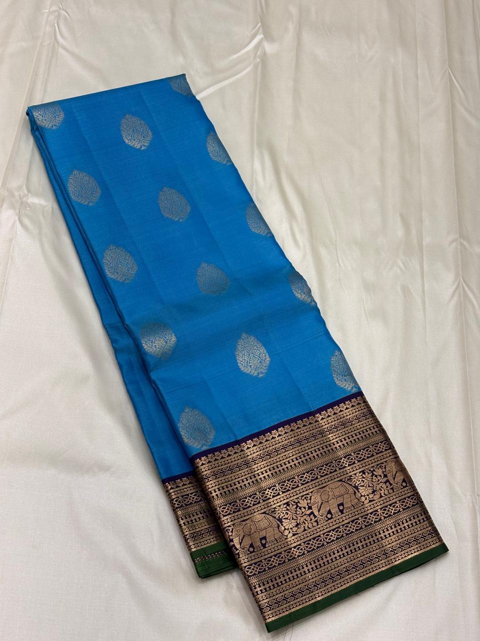 Blue Kanchipuram Pure Silk Saree with Zari Butta & Elephant Border – Handwoven & Silk Mark Certified