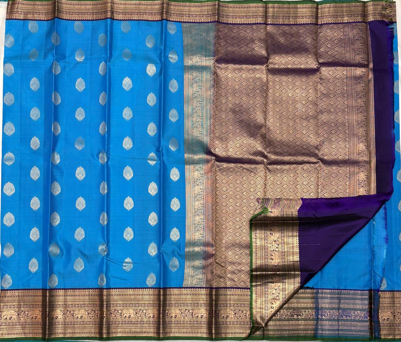 Blue Kanchipuram Pure Silk Saree with Zari Butta & Elephant Border – Handwoven & Silk Mark Certified