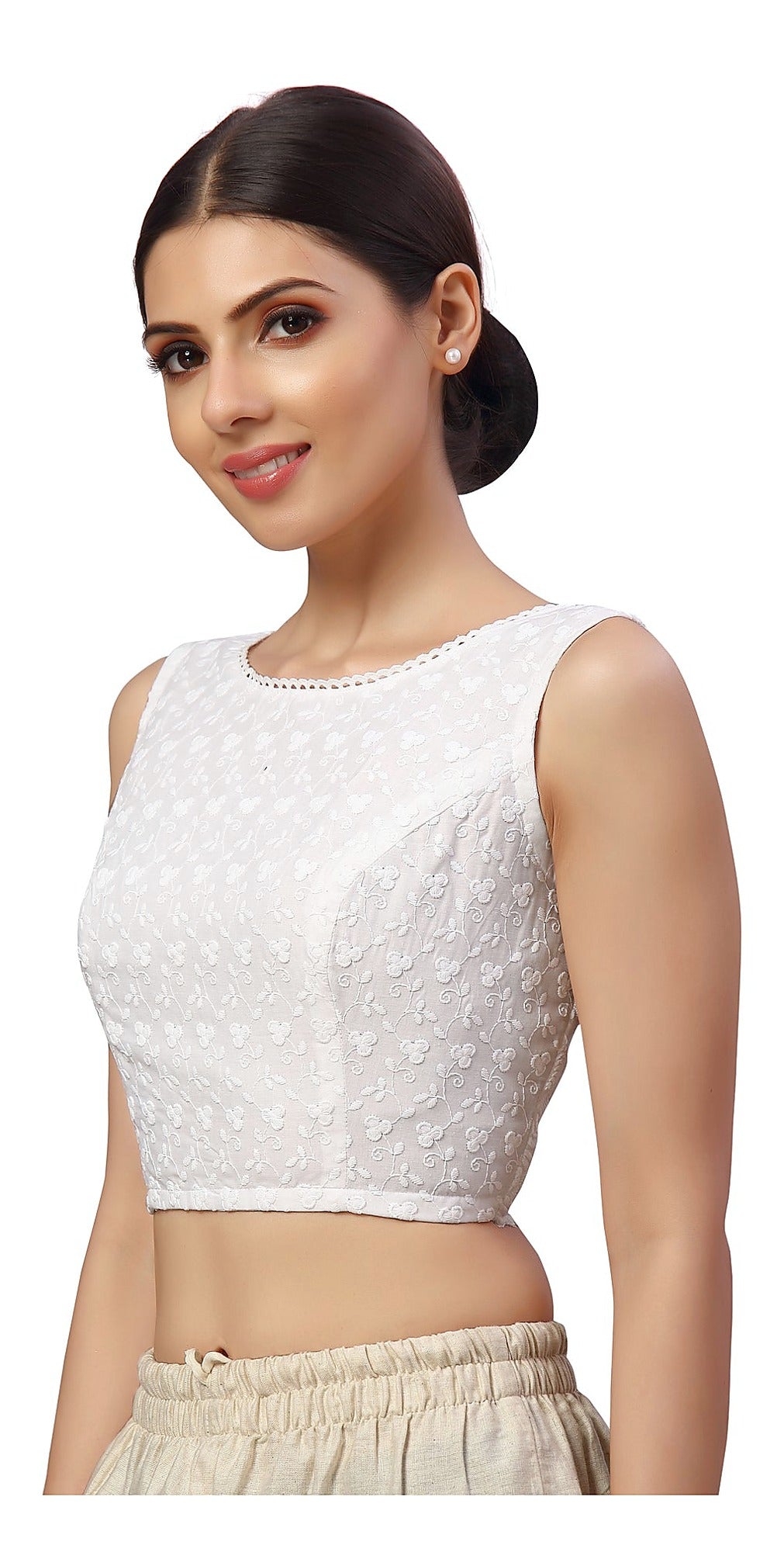White Chikankari Cotton Blouse - Boat Neck Sleeveless