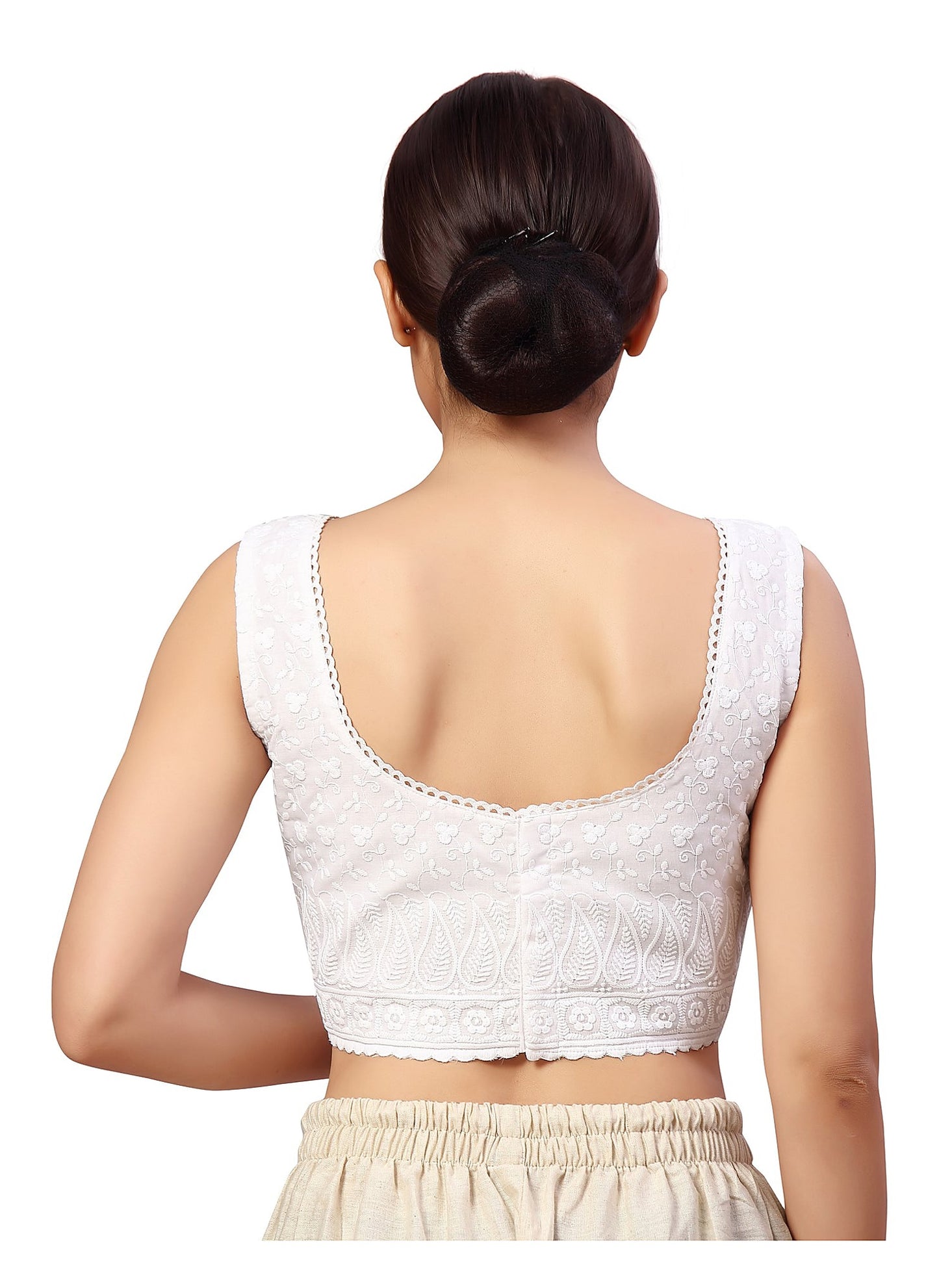 White Chikankari Cotton Blouse - Boat Neck Sleeveless
