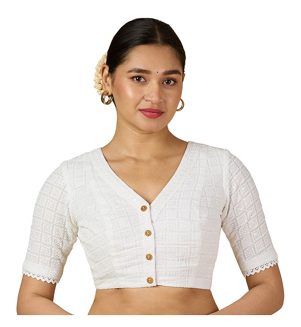White Textured Cotton Blouse - V Neck with Short Sleeves front view
