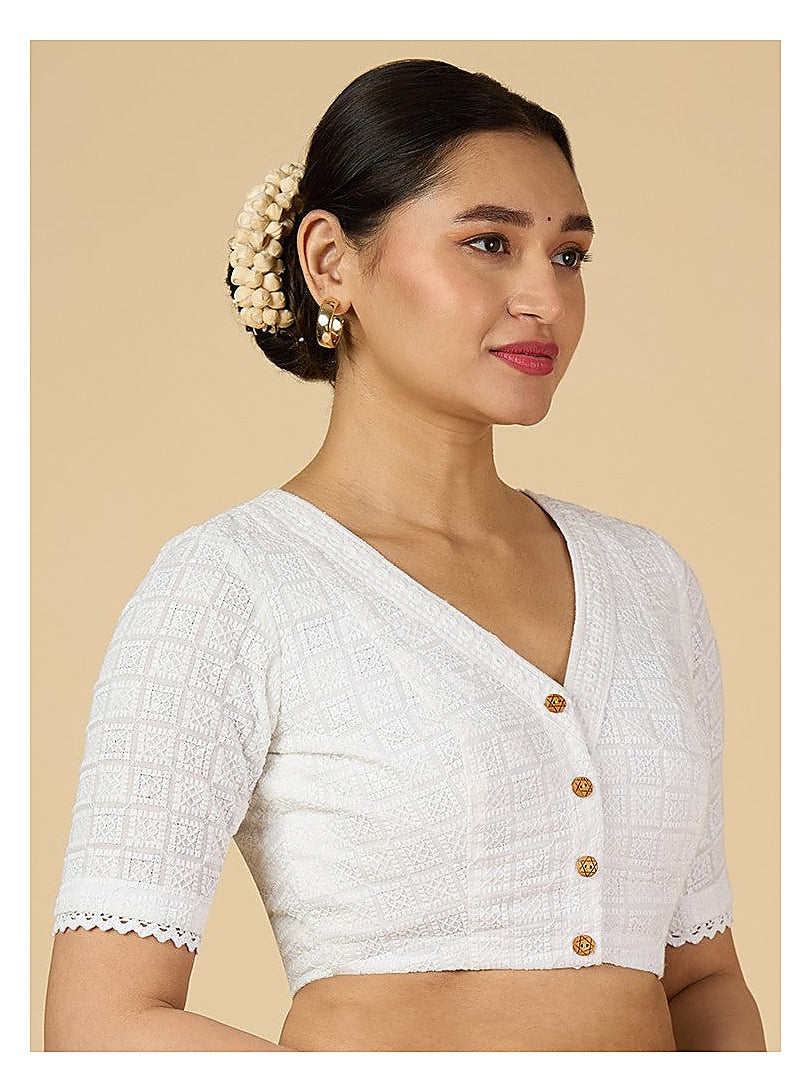 White Textured Cotton Blouse - V Neck with Short Sleeves