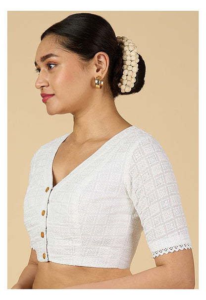White Textured Cotton Blouse - V Neck with Short Sleeves