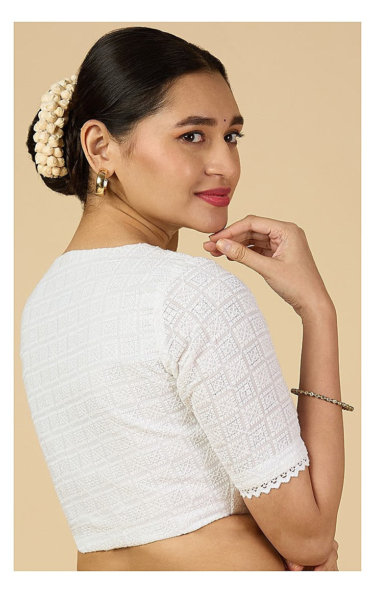 White Textured Cotton Blouse - V Neck with Short Sleeves