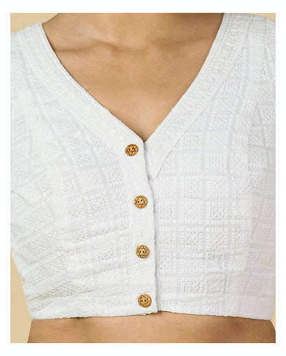 White Textured Cotton Blouse - V Neck with Short Sleeves