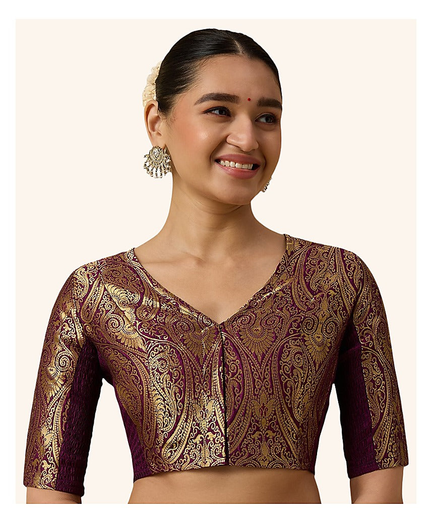 Wine Benaras Brocade Readymade Blouse - V Neck Elbow Sleeves front view