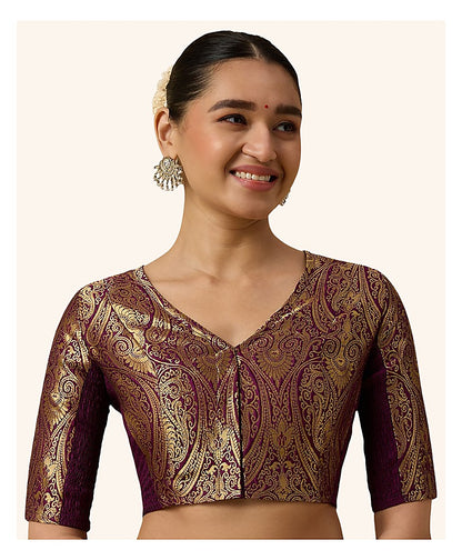 Wine Benaras Brocade Readymade Blouse - V Neck Elbow Sleeves front view