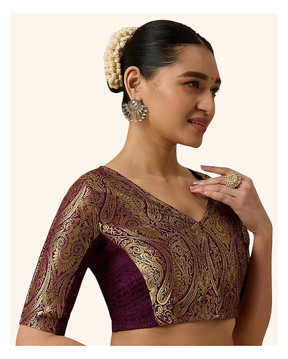 Wine Benaras Brocade Readymade Blouse - V Neck Elbow Sleeves