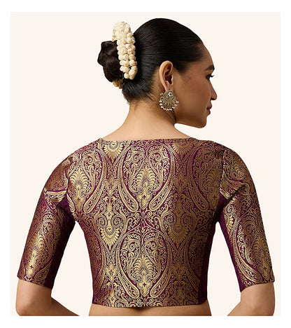 Wine Benaras Brocade Readymade Blouse - V Neck Elbow Sleeves