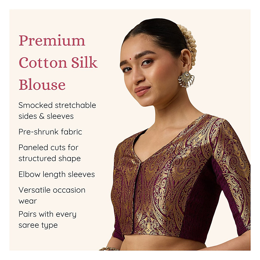 Wine Benaras Brocade Readymade Blouse - V Neck Elbow Sleeves
