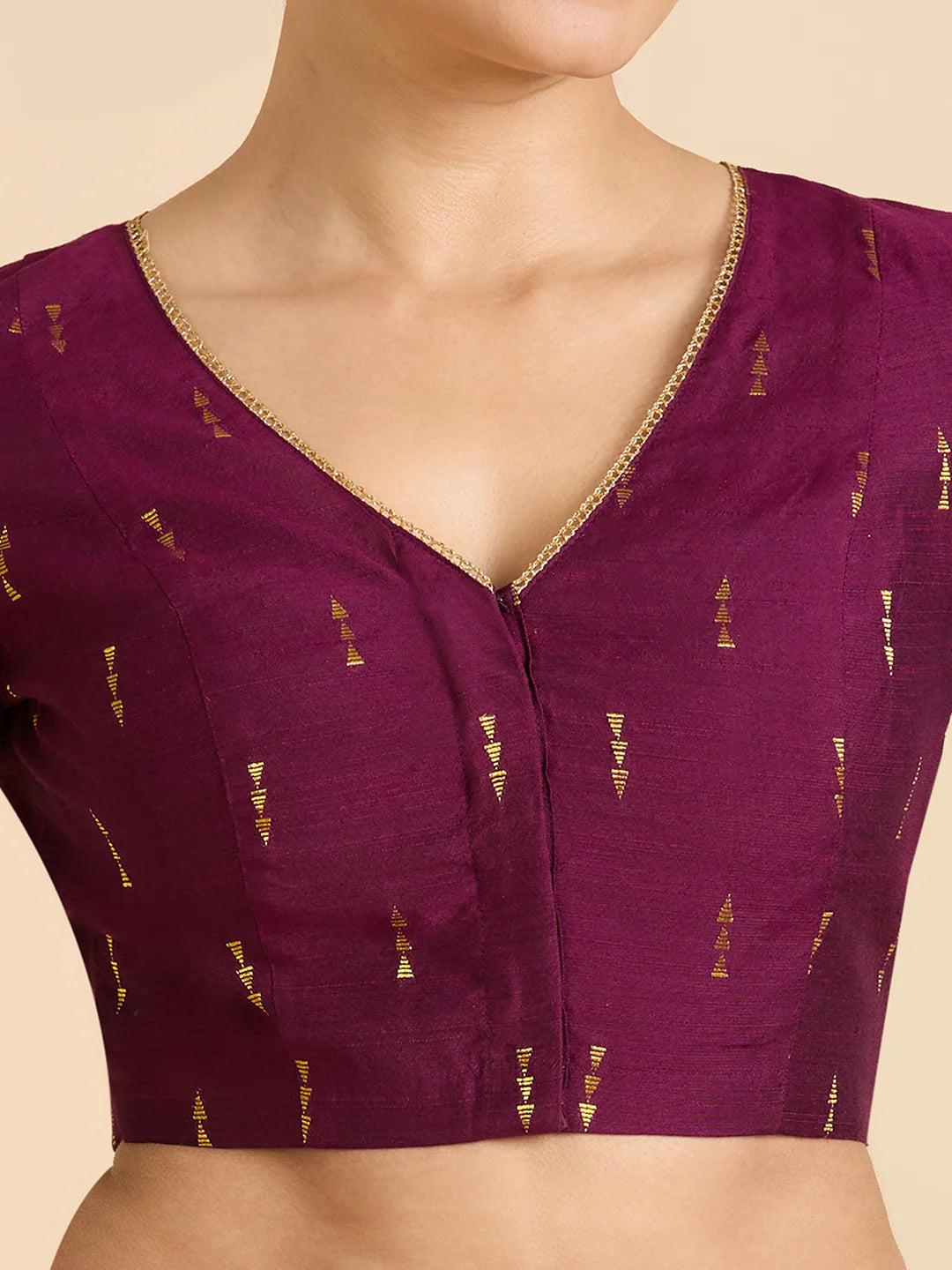 Wine Cotton Silk V-Neck Readymade Saree Blouse with Gold Buttas | Elbow Sleeve Blouse