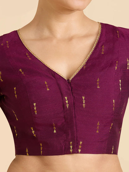 Wine Cotton Silk V-Neck Readymade Saree Blouse with Gold Buttas | Elbow Sleeve Blouse