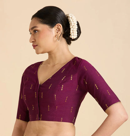 Wine Cotton Silk V-Neck Readymade Saree Blouse with Gold Buttas | Elbow Sleeve Blouse