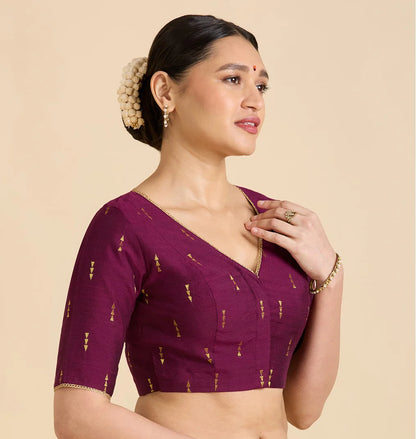 Wine Cotton Silk V-Neck Readymade Saree Blouse with Gold Buttas | Elbow Sleeve Blouse