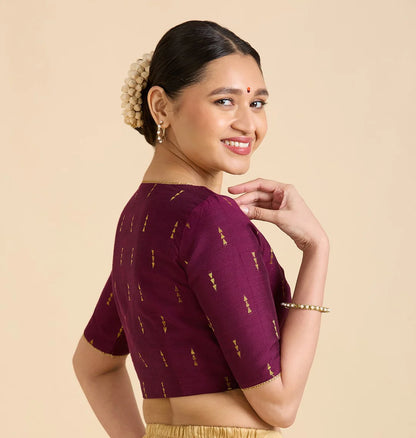 Wine Cotton Silk V-Neck Readymade Saree Blouse with Gold Buttas | Elbow Sleeve Blouse