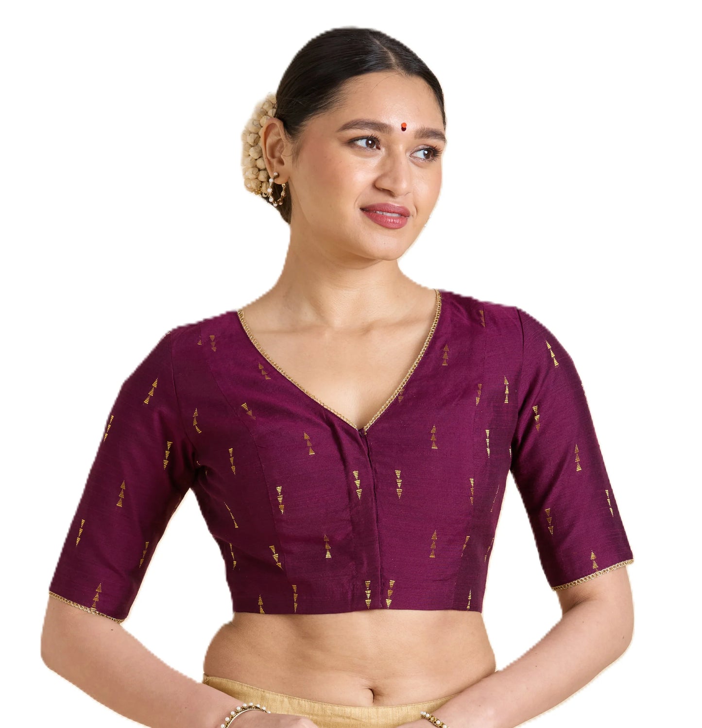 Wine Cotton Silk V-Neck Readymade Saree Blouse with Gold Buttas | Elbow Sleeve Blouse