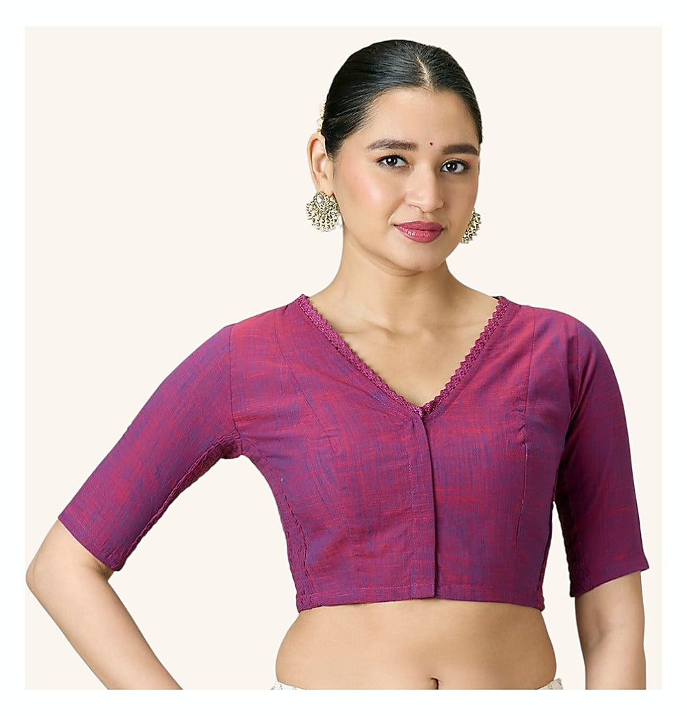 Wine Handloom Cotton Readymade Blouse - Crochet Neckline front view