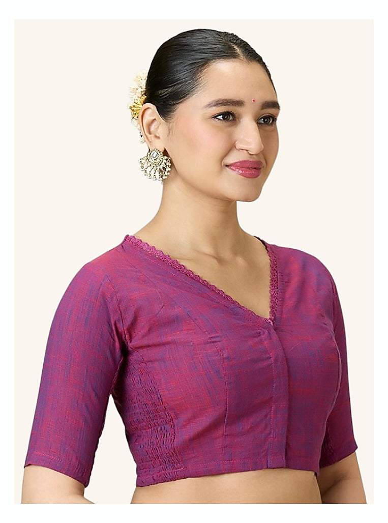 Wine Handloom Cotton Readymade Blouse - Crochet Neckline