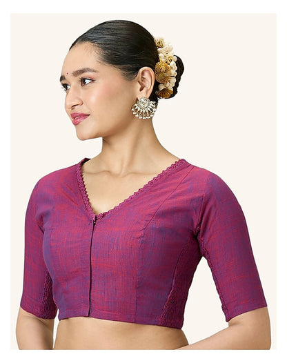Wine Handloom Cotton Readymade Blouse - Crochet Neckline