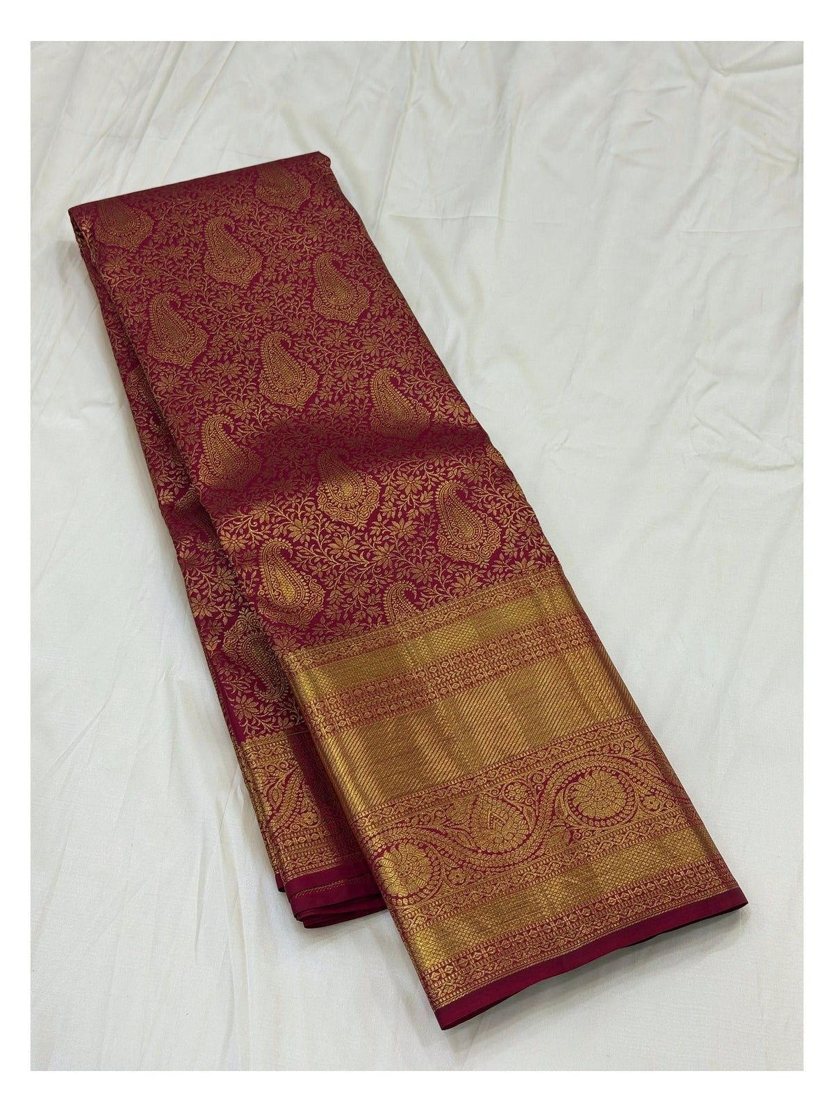 Wine Handwoven Kanchipuram Silk Saree with Rich Gold Woven Border and Paisley Motifs front view