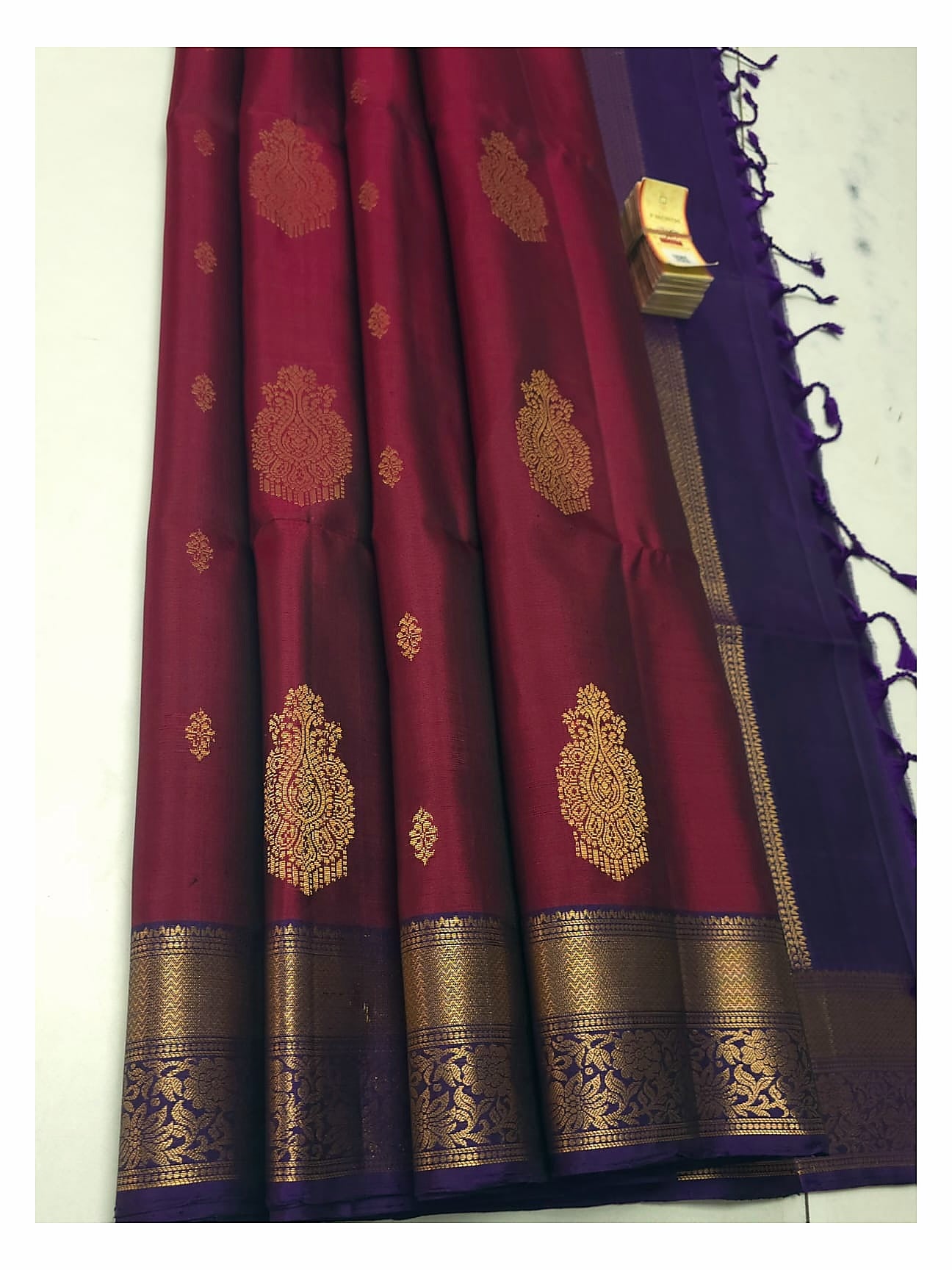 Wine Maroon Kanchipuram Style Soft Silk Saree with Deep Purple Border front view