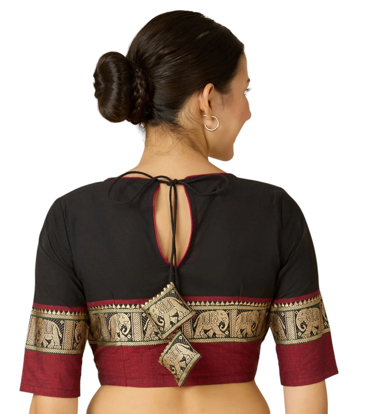 Women’s Black Cotton Saree Blouse with Elephant Temple Border | Readymade V-Neck Blouse