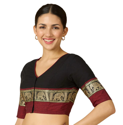 Women’s Black Cotton Saree Blouse with Elephant Temple Border | Readymade V-Neck Blouse