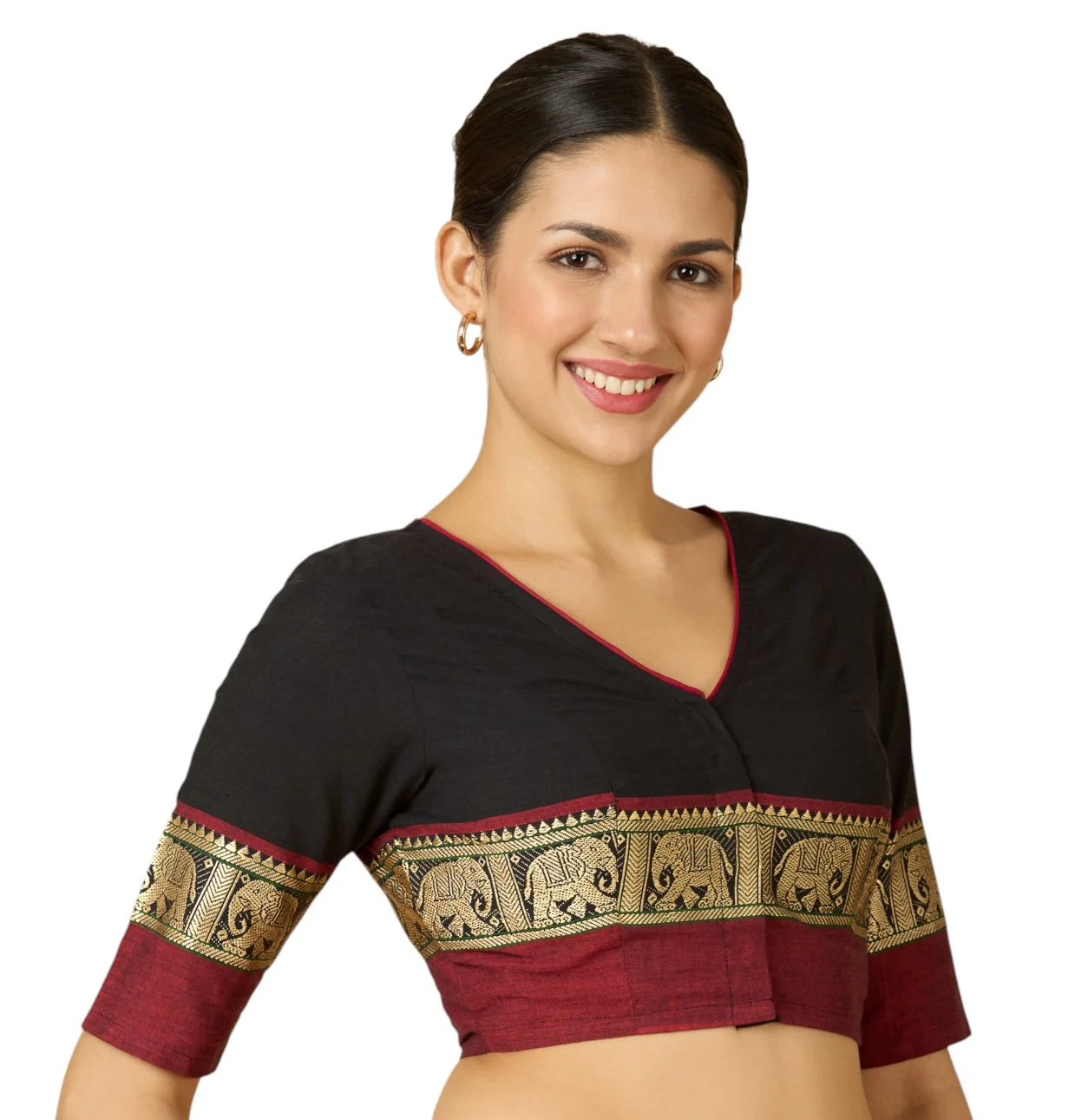 Women’s Black Cotton Saree Blouse with Elephant Temple Border | Readymade V-Neck Blouse