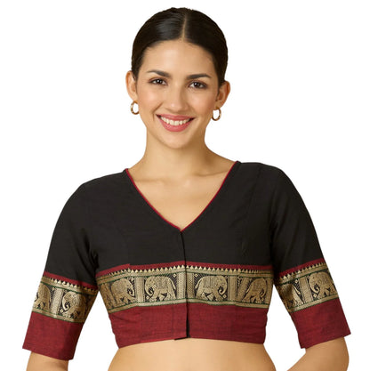 Women’s Black Cotton Saree Blouse with Elephant Temple Border | Readymade V-Neck Blouse