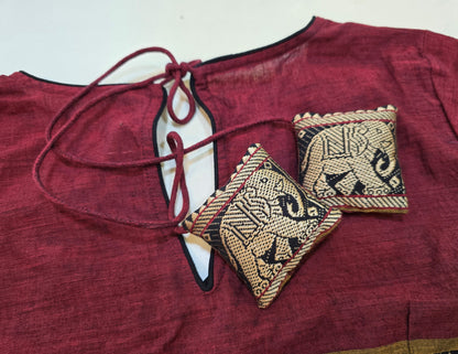 Women’s Maroon Cotton Saree Blouse with Elephant Temple Border | Readymade V-Neck Blouse