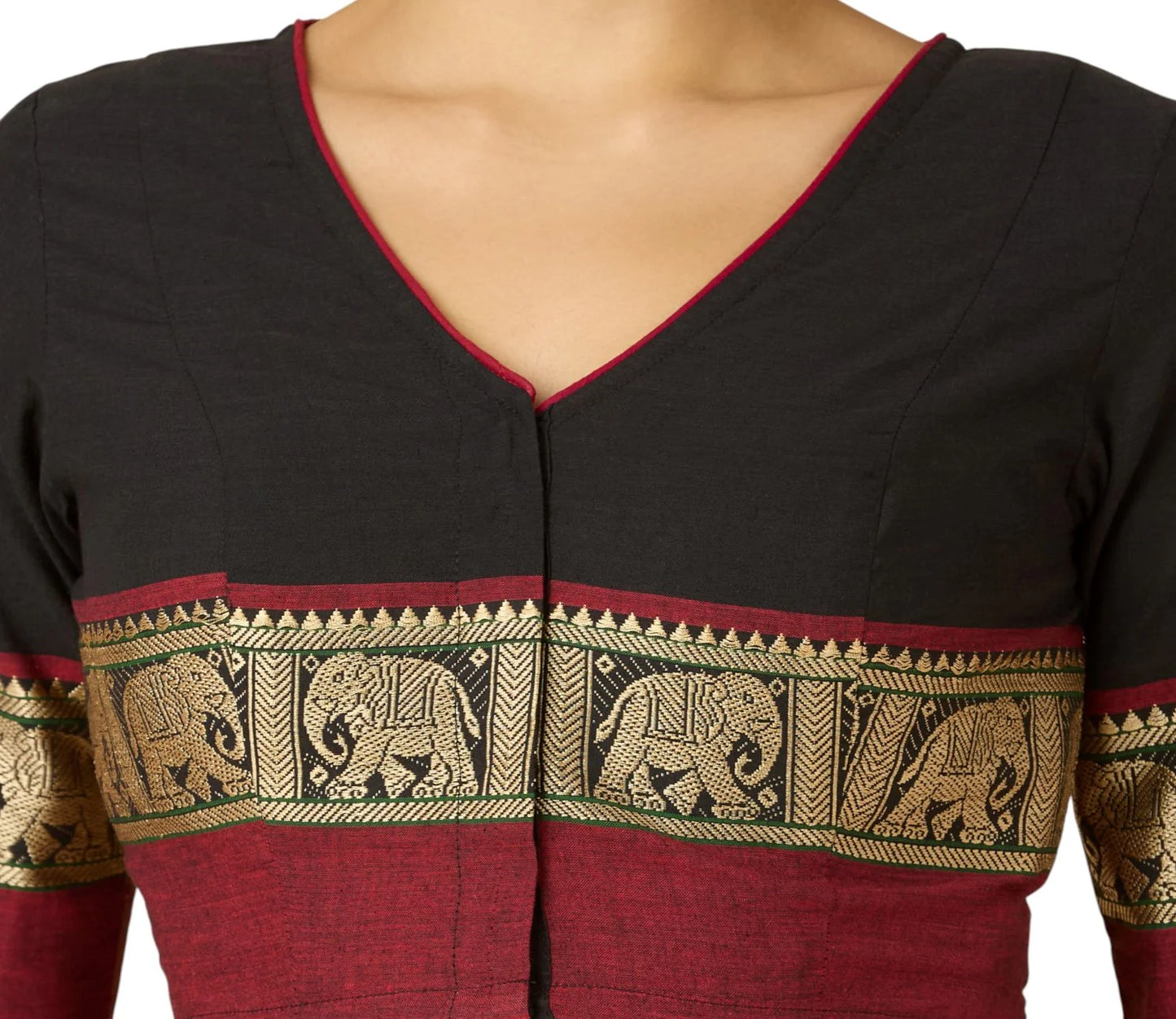 Women’s Black Cotton Saree Blouse with Elephant Temple Border | Readymade V-Neck Blouse