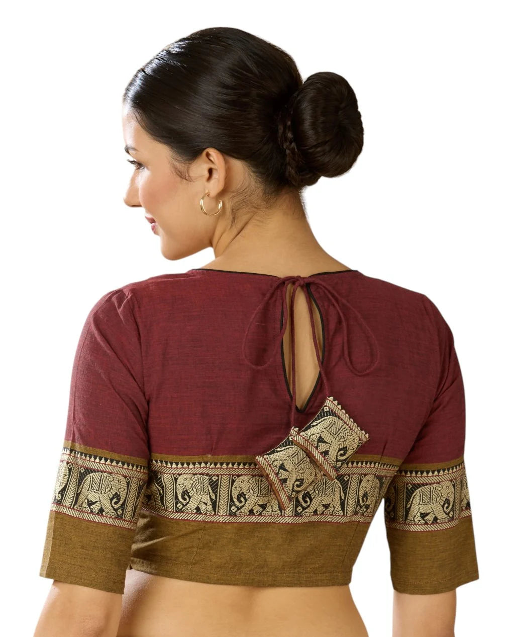 Women’s Maroon Cotton Saree Blouse with Elephant Temple Border | Readymade V-Neck Blouse