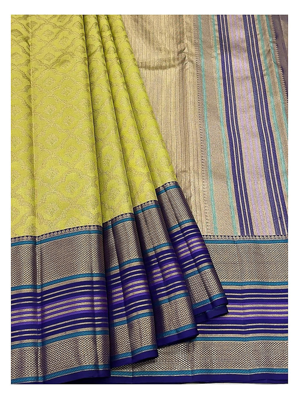 Yellow Green Handwoven Kanchipuram Silk Saree with Blue Purple Striped Border front view