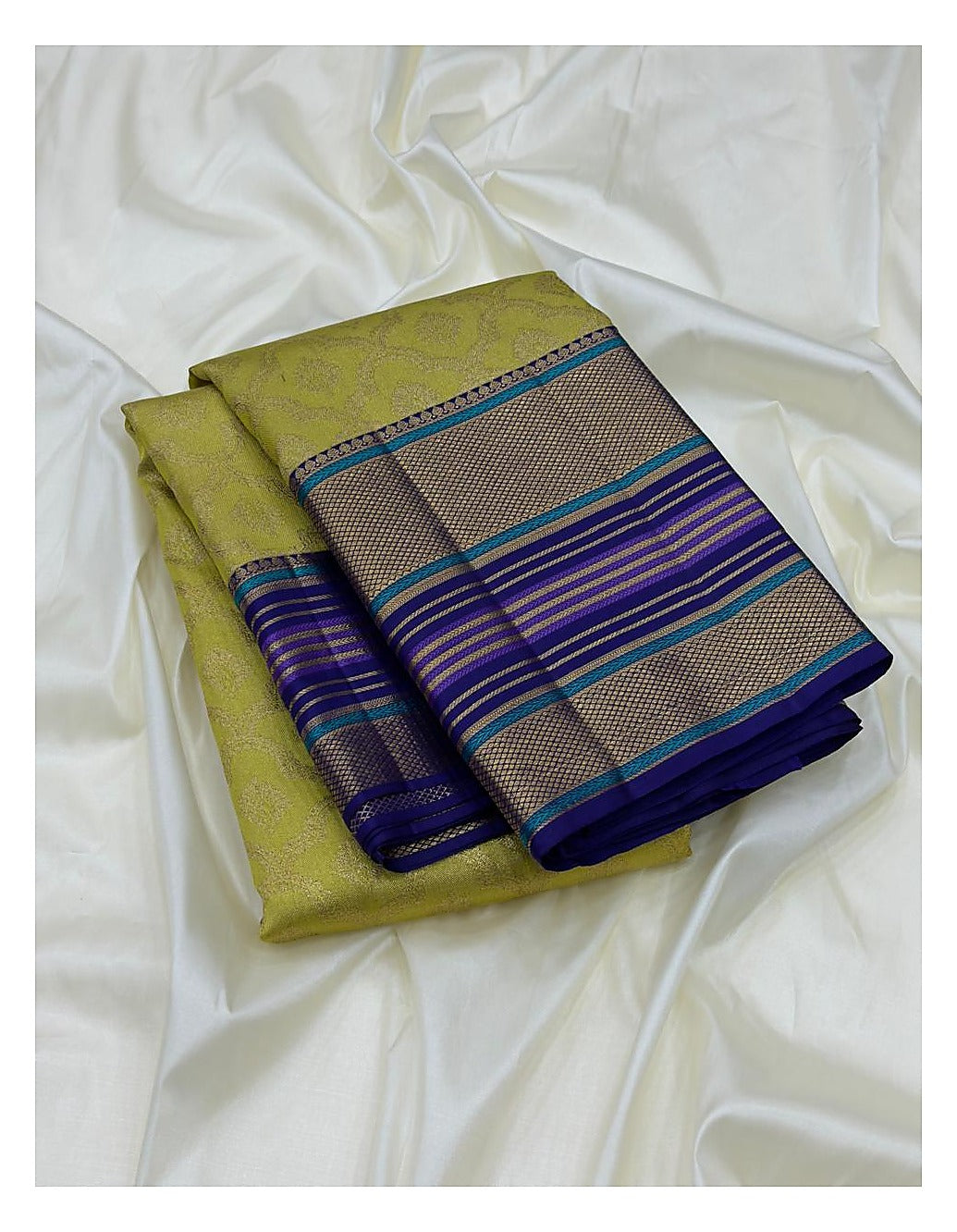 Yellow Green Handwoven Kanchipuram Silk Saree with Blue Purple Striped Border