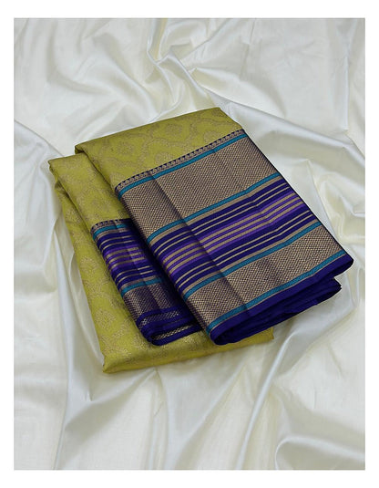 Yellow Green Handwoven Kanchipuram Silk Saree with Blue Purple Striped Border