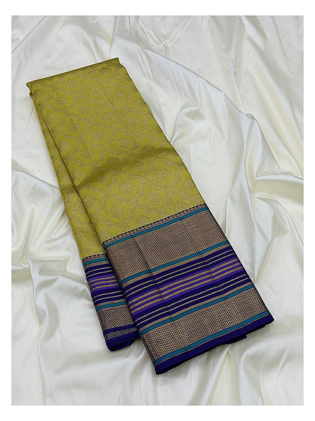 Yellow Green Handwoven Kanchipuram Silk Saree with Blue Purple Striped Border