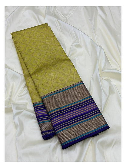 Yellow Green Handwoven Kanchipuram Silk Saree with Blue Purple Striped Border