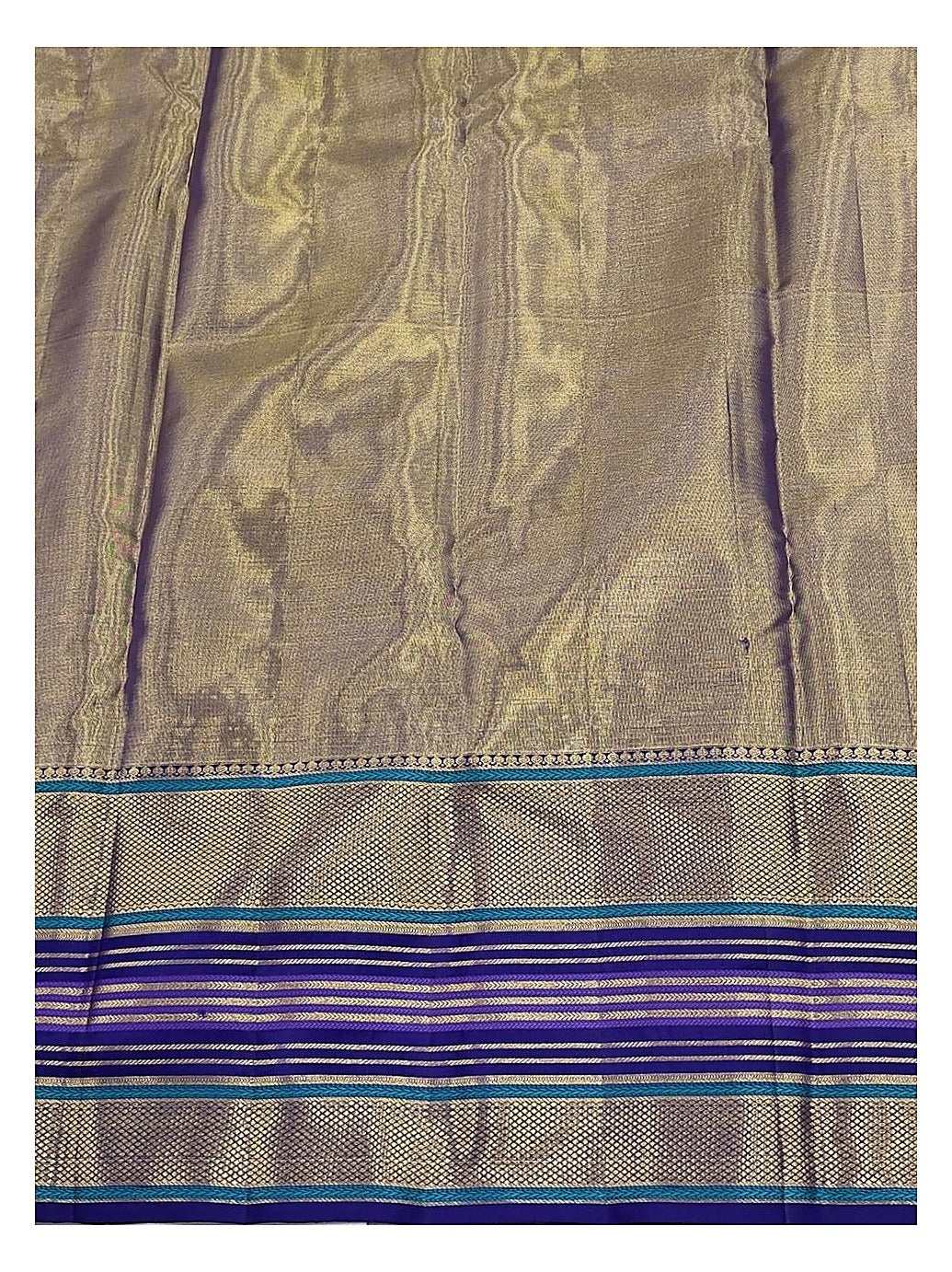 Yellow Green Handwoven Kanchipuram Silk Saree with Blue Purple Striped Border