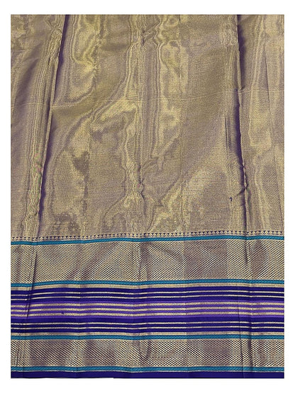 Yellow Green Handwoven Kanchipuram Silk Saree with Blue Purple Striped Border