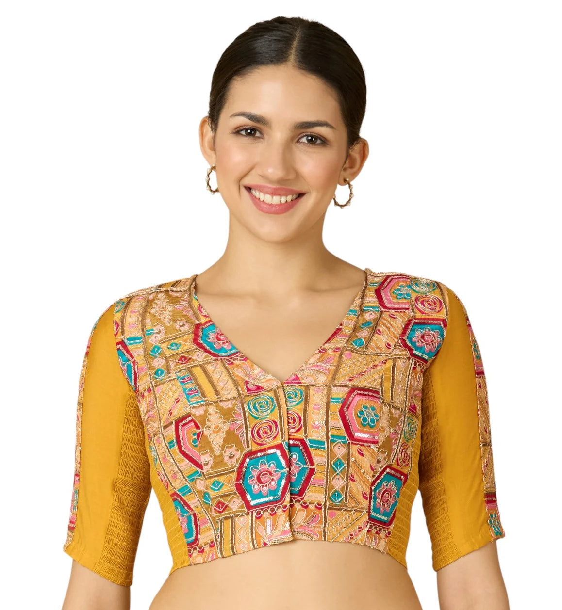 Women’s Yellow Viscose Crepe Embroidered Stretchable (Smocked) Saree Blouse | Festive Readymade Blouse