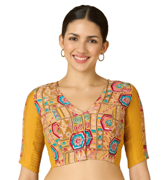 Women’s Yellow Viscose Crepe Embroidered Stretchable (Smocked) Saree Blouse | Festive Readymade Blouse