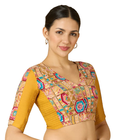 Women’s Yellow Viscose Crepe Embroidered Stretchable (Smocked) Saree Blouse | Festive Readymade Blouse