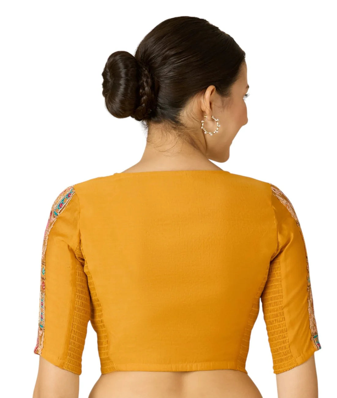 Women’s Yellow Viscose Crepe Embroidered Stretchable (Smocked) Saree Blouse | Festive Readymade Blouse