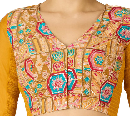 Women’s Yellow Viscose Crepe Embroidered Stretchable (Smocked) Saree Blouse | Festive Readymade Blouse