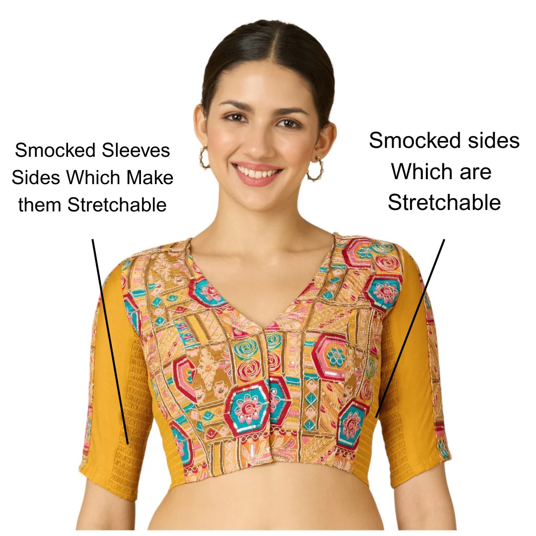 Women’s Yellow Viscose Crepe Embroidered Stretchable (Smocked) Saree Blouse | Festive Readymade Blouse